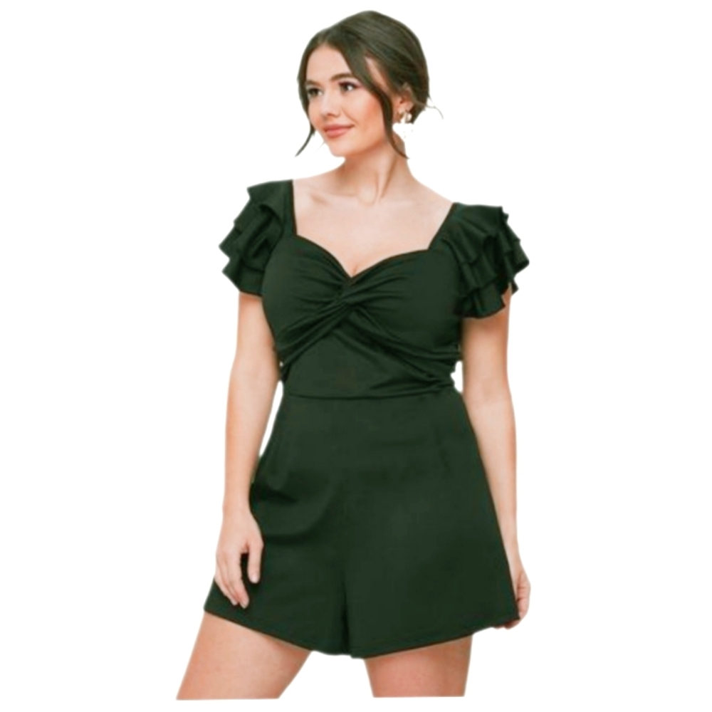 Women's Plus Size Sweetheart Neck Ruffle Trim Twist Romper, Dark Green